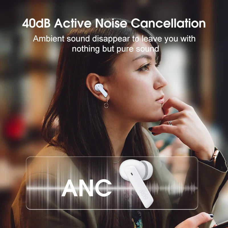HT05 ANC Wireless Earphone 40Db Noise Cancelling Bluetooth 5.2 Headphone 6 Mic ENC HD Call TWS Earbuds Transparency Mode