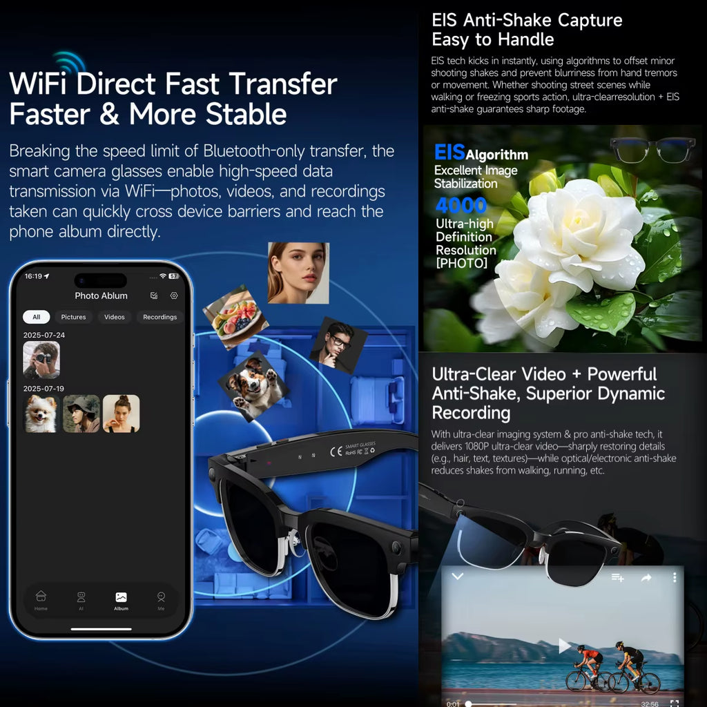 2026 New 8K HD AI Smart Glasses Men with Chat GPT 800MP Camera Bluetooth Call AI Translation Voice Assistant Control Unisex Sung