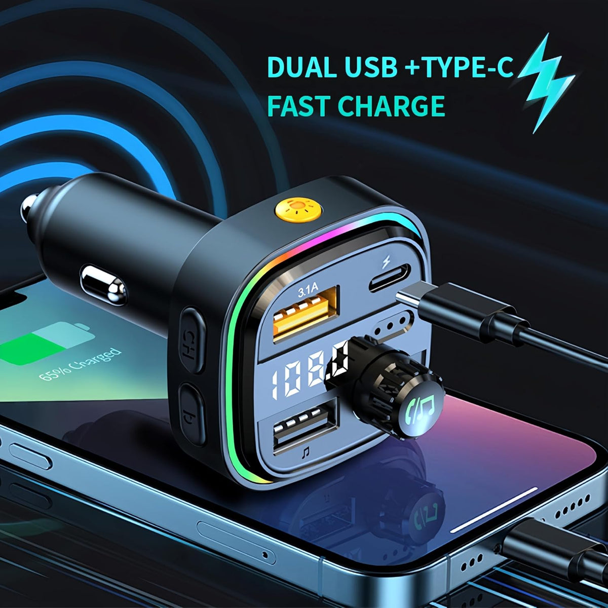 Bluetooth FM Transmitter for Car Phone Charger, Wireless Bluetooth Car Adapter with USB C PD 30W Fast Charging, Hands-Free Calling, Hifi Bass Sound, USB Drive, LED Display for Iphone & Samsung
