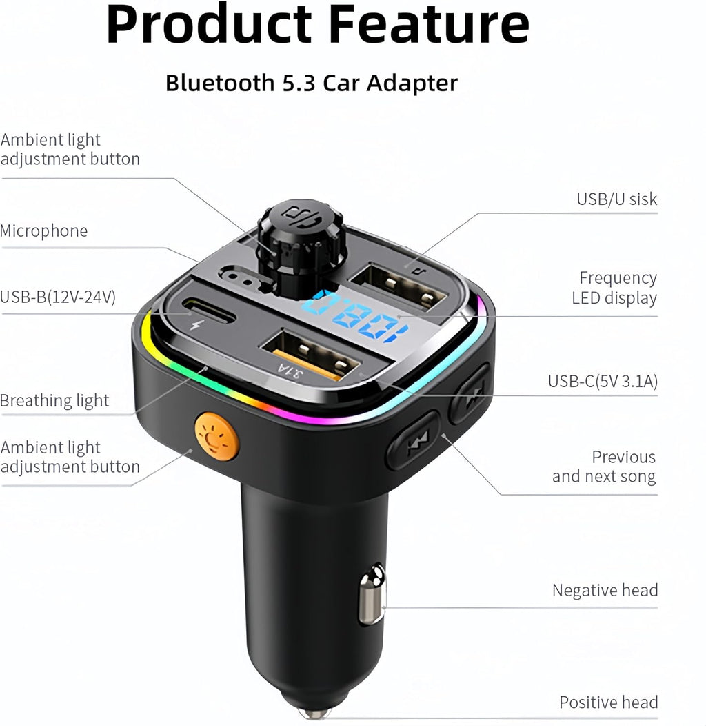 Bluetooth FM Transmitter for Car Phone Charger, Wireless Bluetooth Car Adapter with USB C PD 30W Fast Charging, Hands-Free Calling, Hifi Bass Sound, USB Drive, LED Display for Iphone & Samsung