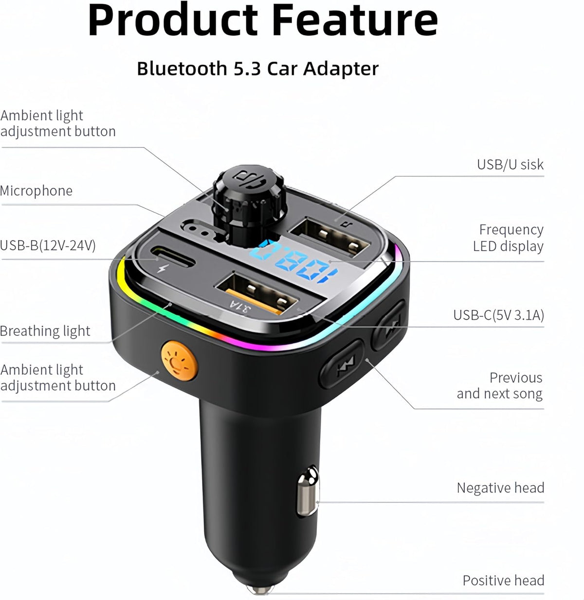 Bluetooth FM Transmitter for Car Phone Charger, Wireless Bluetooth Car Adapter with USB C PD 30W Fast Charging, Hands-Free Calling, Hifi Bass Sound, USB Drive, LED Display for Iphone & Samsung