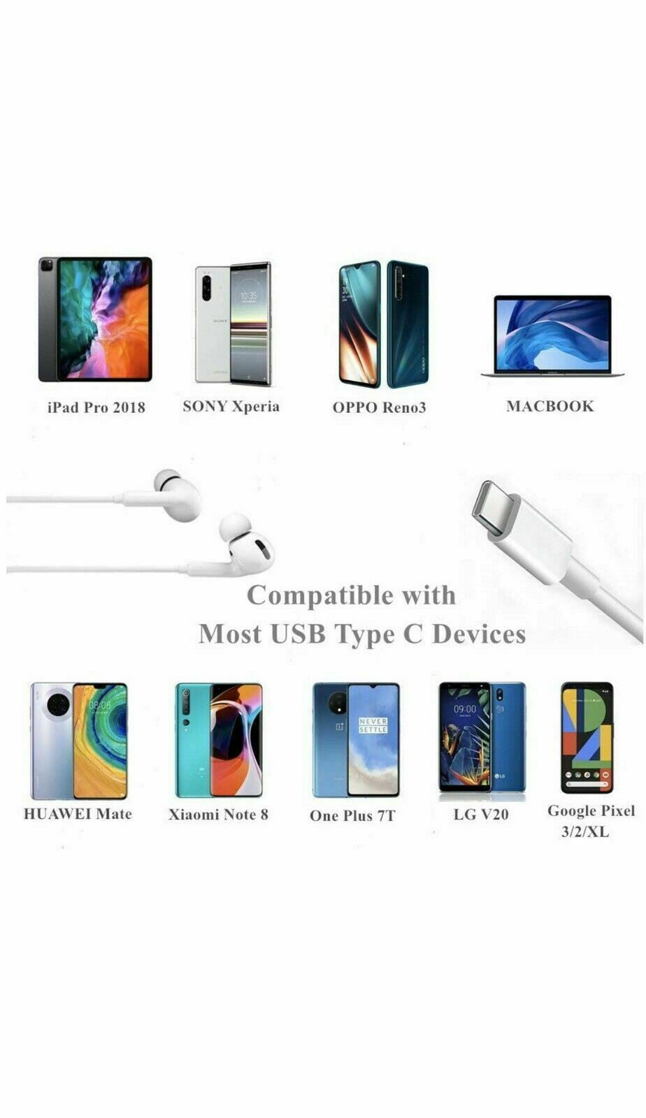 Type C USB-C Earphones for Huawei P50 Mate 20 P30 Pro T Headphones with Mic