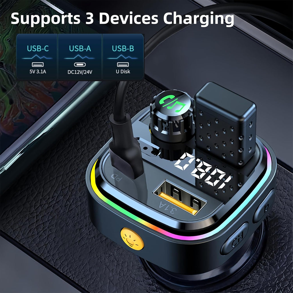 Bluetooth FM Transmitter for Car Phone Charger, Wireless Bluetooth Car Adapter with USB C PD 30W Fast Charging, Hands-Free Calling, Hifi Bass Sound, USB Drive, LED Display for Iphone & Samsung