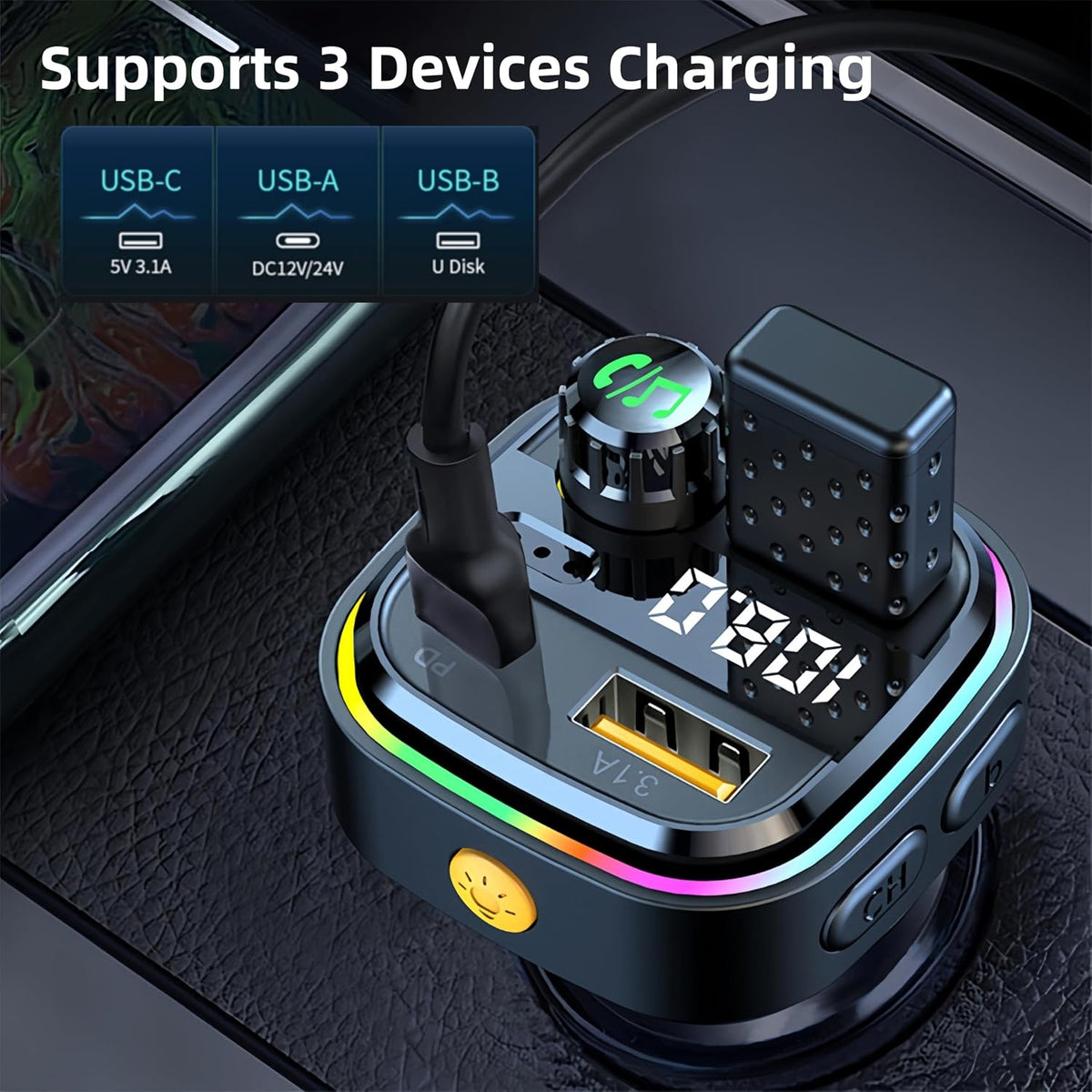 Bluetooth FM Transmitter for Car Phone Charger, Wireless Bluetooth Car Adapter with USB C PD 30W Fast Charging, Hands-Free Calling, Hifi Bass Sound, USB Drive, LED Display for Iphone & Samsung