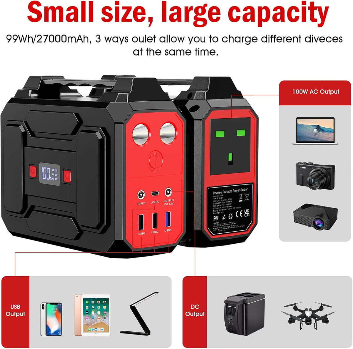 100W Portable Power Station 99Wh/ 27000Mah,Outdoors,Red | Solar Generator 100W Camping Power Pack Ac/Dc/Usb/Type C Outlet