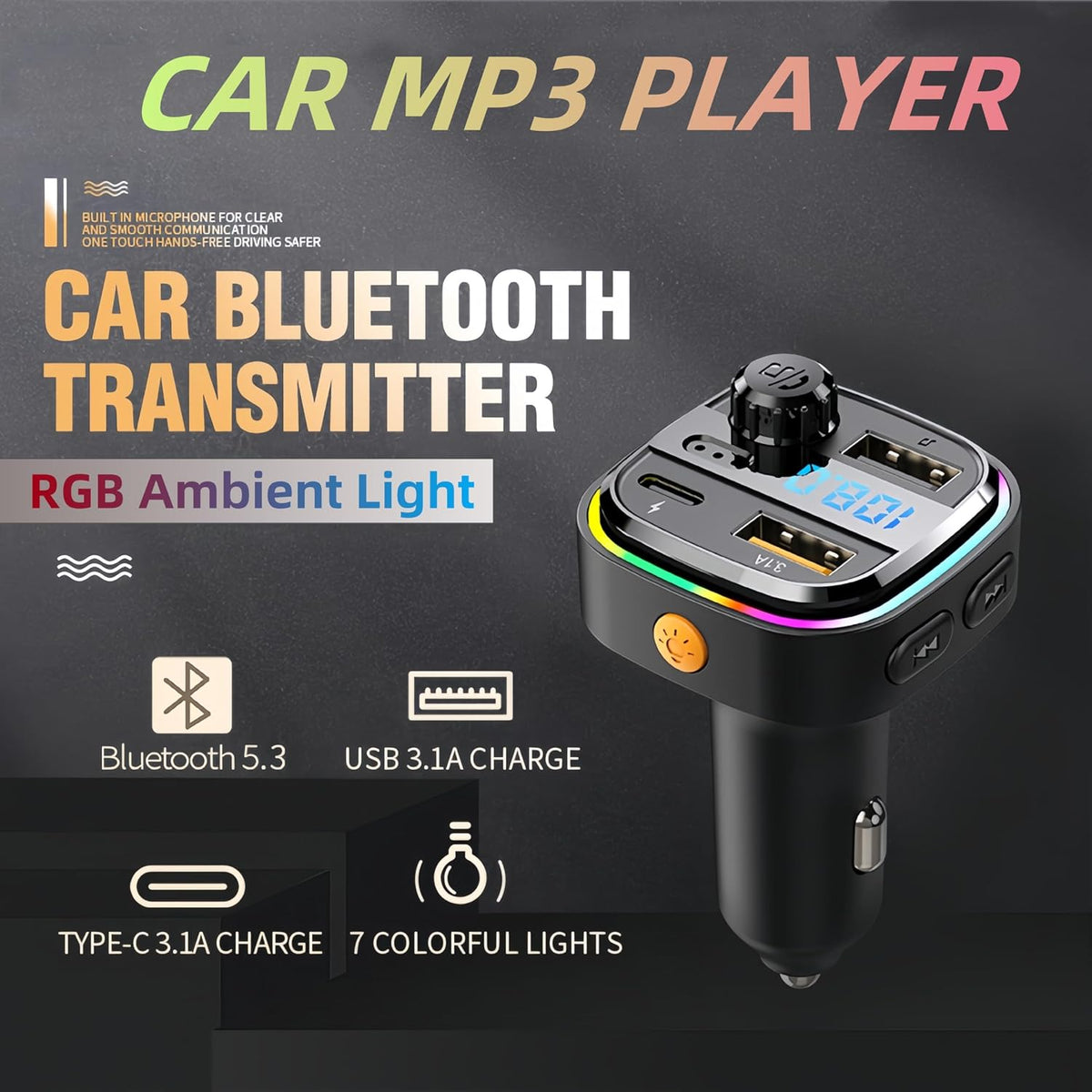 Bluetooth FM Transmitter for Car Phone Charger, Wireless Bluetooth Car Adapter with USB C PD 30W Fast Charging, Hands-Free Calling, Hifi Bass Sound, USB Drive, LED Display for Iphone & Samsung